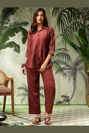 Bani Women Embroidered Shirt Collar Pure Silk Tunic With Trousers