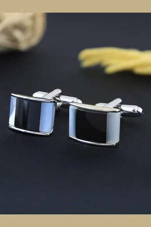 PELUCHE Men Mother Of Pearl Stone & Black Onyx Stone Silver-Toned Cufflink