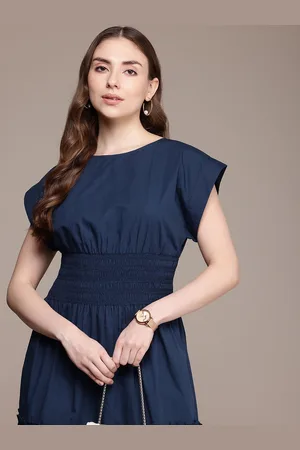 French Connection Boat Neck Extended Sleeves Smocked Pure Cotton Fit & Flare Midi Dress