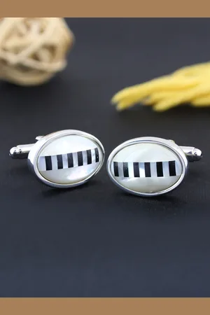 PELUCHE Men White Natural Mother of Pearl & Black Onyx Stone Cufflinks