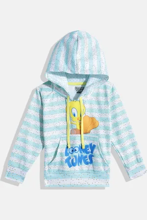 Eteenz Girls Tweety Print Striped Cotton Hooded Sweatshirt