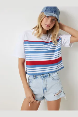 Happiness istanbul Women Striped Round Neck Cotton T-Shirt
