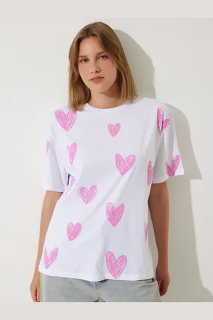 Happiness istanbul Women Conversational Printed Round Neck Cotton Oversized T-Shirt
