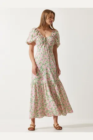 Happiness istanbul Women Floral Printed Cotton Tie-Up Neck Maxi Dress