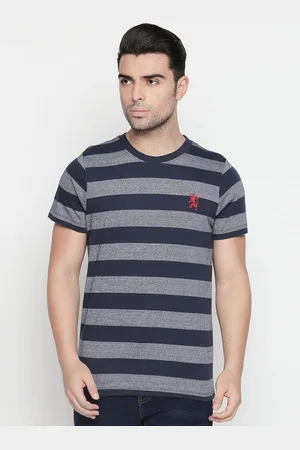 Giordano Men Navy Blue Striped Round Neck Pure Cotton T-shirt