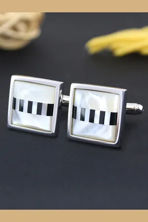 PELUCHE Men Silver-Toned & Black Striped Square Cufflinks
