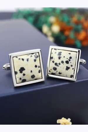 PELUCHE Men Silver-Toned & Black Natural Mother of Pearl Stone Cufflink