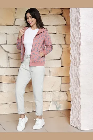 Mast & Harbour Women Pink & Blue Floral Print Hooded Sweatshirt