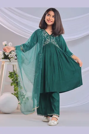 misbis Girls Floral Embroidered V-Neck Sequinned Anarkali Kurta with Palazzo & Dupatta