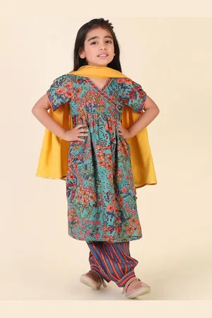 Fabindia Girls Ethnic Motifs Printed Angrakha Pure Cotton Kurta Salwar With Dupatta