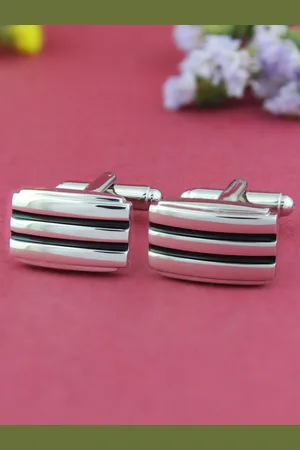 PELUCHE Silver-Toned & Black Enamel Striped Cufflink