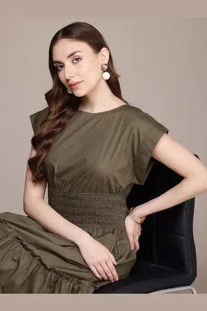 French Connection Boat Neck Extended Sleeves Smocked Pure Cotton Fit & Flare Midi Dress