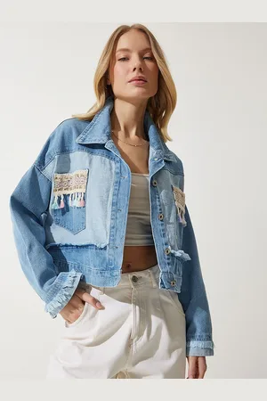 Happiness istanbul Women Washed Colourblocked Crop Denim Jacket with Embroidered