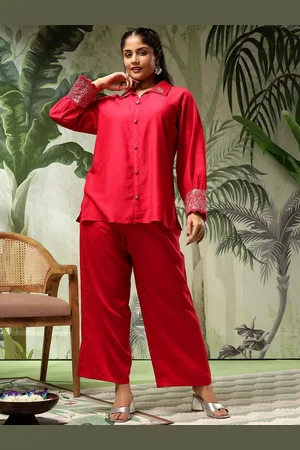 Bani Women Plus Size Embroidered Puff Sleeves Pure Silk Shirt With Trousers
