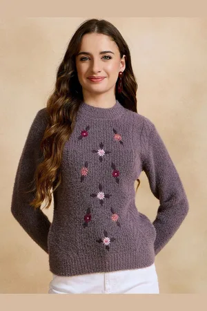 CLAPTON Women Floral Woollen Pullover with Embroidered Detail