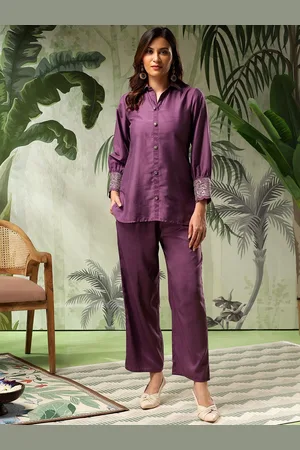 Bani Women Embroidered Puff Sleeves Pure Silk Shirt With Trousers