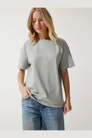 Happiness istanbul Women Solid Round Neck Cotton Oversized T-Shirt