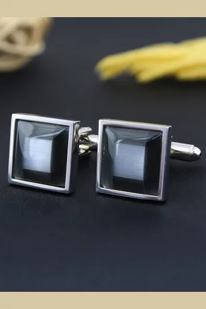 PELUCHE Men Silver-Toned & Black Stone Studded Square Cufflinks