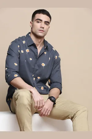 Invictus Men Sport Spread Collar Floral Printed Cotton Slim Fit Casual Shirt