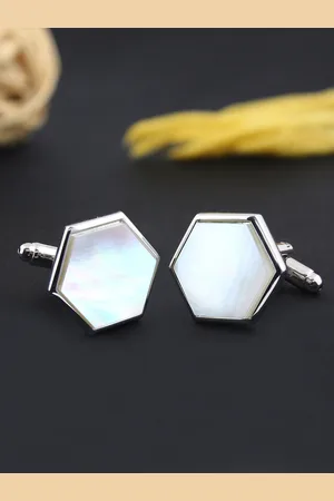 PELUCHE Silver-Toned Natural Mother of Pearl Stone Geometric Cufflink