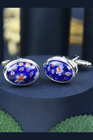 PELUCHE Men Blue Silver Plated Floral Printed Oval Cufflinks