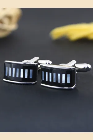 PELUCHE Men Silver-Toned & Black Striped Rectangle Cufflinks