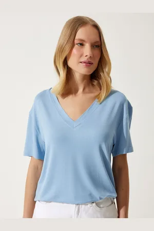 Happiness istanbul Women Solid V-Neck Oversized T-shirt