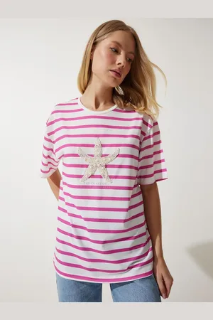 Happiness istanbul Women Striped Round Neck Oversized T-Shirt