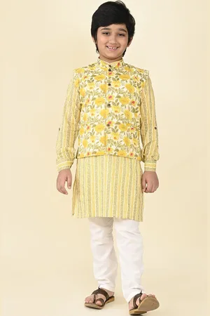 LIL PITAARA Boys Floral Printed Regular Pure Cotton Kurta with Pyjamas With Nehru Jacket