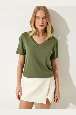 Happiness istanbul Women Solid V-Neck Oversized T-Shirt