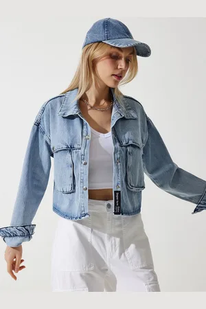 Happiness istanbul Women Washed Crop Denim Jacket with Embroidered
