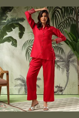 Bani Women Embroidered Shirt Collar Pure Silk Tunic With Trousers