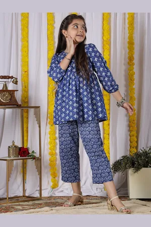 NEUDIS Girls Ethnic Motifs Printed Pleated Pure Cotton A Line Kurta with Trousers