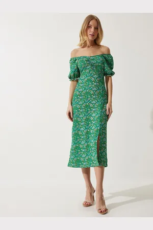 Happiness istanbul Floral Printed Off-Shoulder Puff Sleeves A-Line Midi Dress