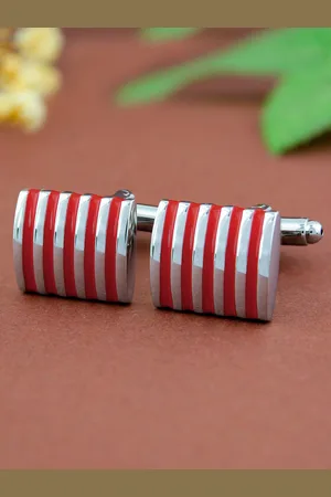 PELUCHE Red & Silver-Toned Enamel Striped Square Cufflink