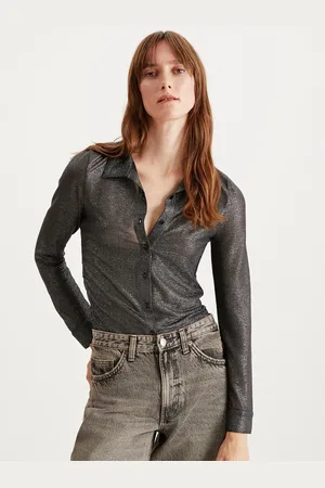 Grimelange Women Spread Collar Solid Casual Shirt