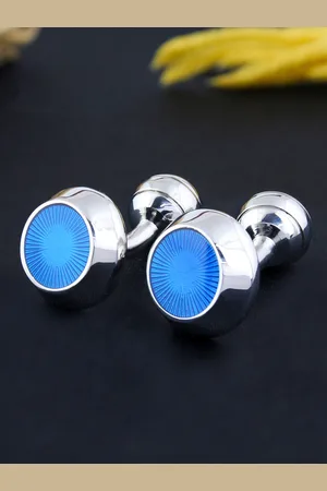 PELUCHE Silver-Toned & Blue Round Cufflink
