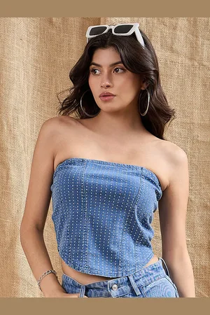 Sassafras Embellished Off-Shoulder Studded Cotton Denim Crop Top