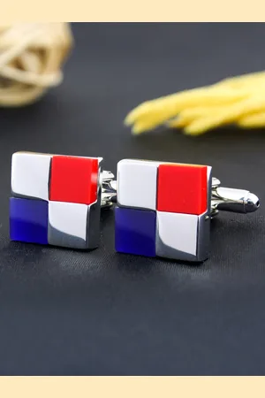 PELUCHE Silver-Toned & Red Onyx Stone Studded Cufflink