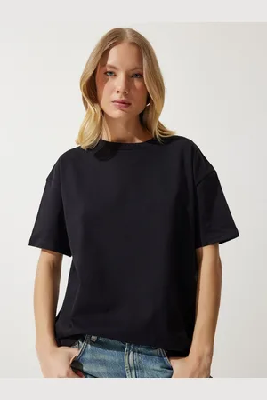 Happiness istanbul Women Solid Round Neck Cotton Oversized T-Shirt