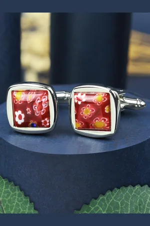 PELUCHE Orange & Silver-Toned Floral Patterned Square Cufflink