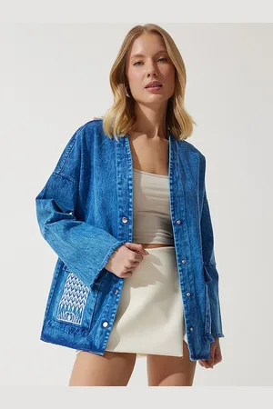 Happiness istanbul Women Striped Longline Denim Jacket with Patchwork