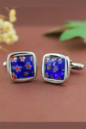 PELUCHE Silver-Toned & Blue Quirky Floral Pattern Cufflink