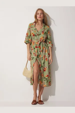Happiness istanbul Women Floral Printed Shirt Collar A-Line Dress