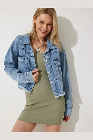 Happiness istanbul Women Washed Crop Denim Jacket with Embroidered