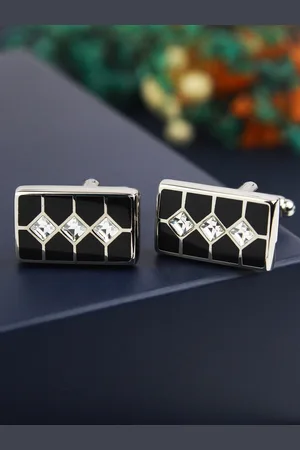 PELUCHE Silver-Toned & Black Crystal Cufflink