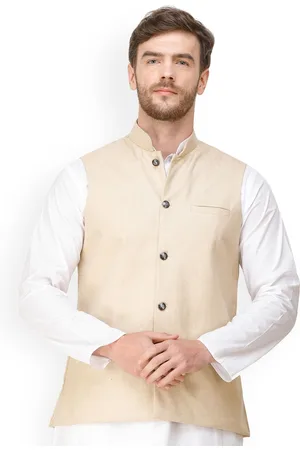 Exotic India Summer Melon Front Pockets Waistcoat with Woven Diagonal Stripes