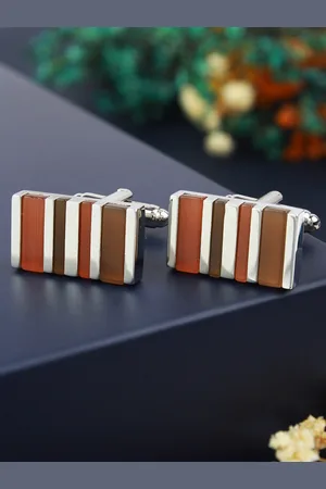PELUCHE Men Silver-Toned & Brown Stripes Formal Cufflinks