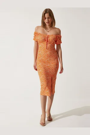 Happiness istanbul Floral Print Off-Shoulder Bodycon Midi Dress