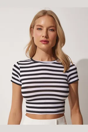 Happiness istanbul Women Striped Round Neck Cotton T-Shirt